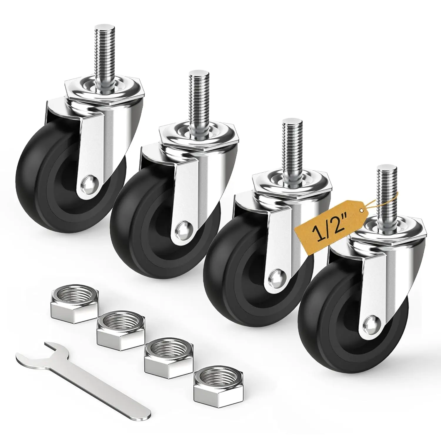 Caster Wheels 3 inch with No  Stem Casters, 1/2" -13 x 1-1/2" (Stem Diameter 1/2", Stem Length 1-1/2") Threaded Swivel Casters Set of 4 Heavy Duty Castors Black