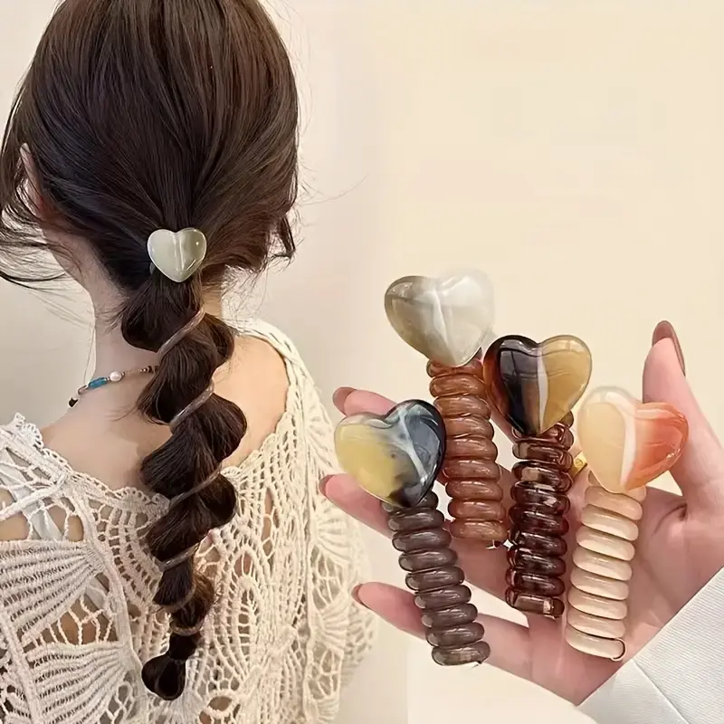 Girls' 4-Piece Elegant Heart-Shaped Resin Spiral Elastic Hair Ties, Colorful Ponytail Holders, Cute Clips & Hair Pins Fashion Accessories, Elastic Hair Ties Ponytail Holders