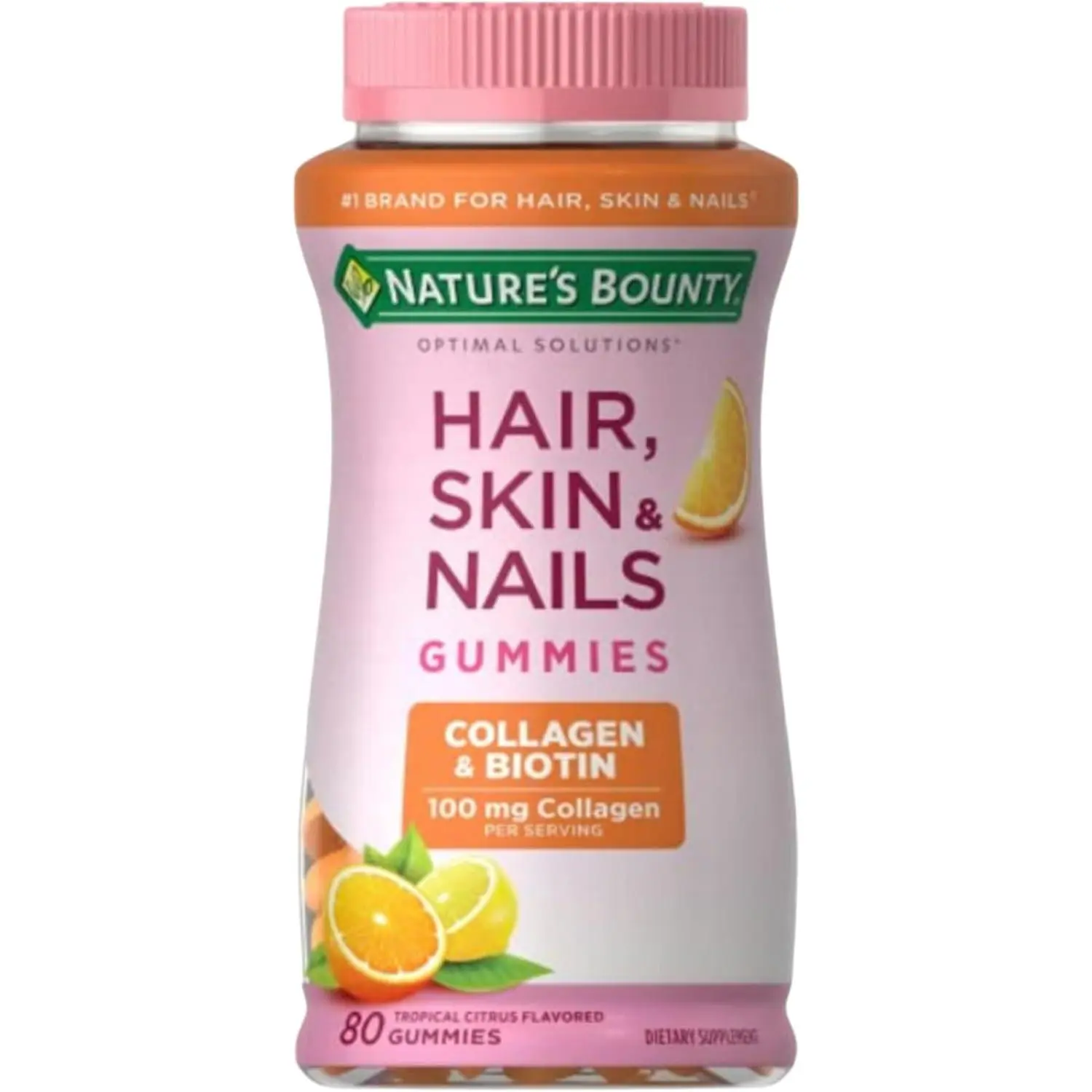 Nature's Bounty Optimal Solutions Hair, Skin & Nails Chewable Jelly Supplement - 2500 mcg Biotin, Collagen, Citrus-Flavored, 80 Ct, 80 g, 40 Servings, Lactose-Free, Naturally Derived Botanical Extracts, Fish-Free, Menopause Symptoms Relief, Gluten Free