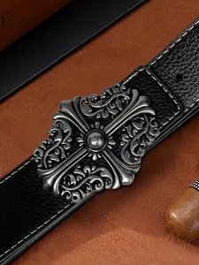 Vintage Cross Carved Buckle Belt, Gothic Punk Utility Style, Versatile Waistband for All Seasons