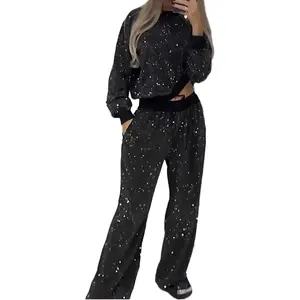 Women's Two-Piece Sequin Set - Loose Top & Wide Leg Pants with Elastic Waisted Bling Glitter Dance Pants - Casual Fashion Design