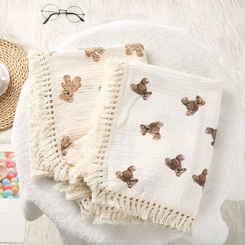 Receiving Blanket for Newborn Infants, Soft Boho Solid Color Cotton Gauze Swaddle Wrap with Tassels Edge, Guaze