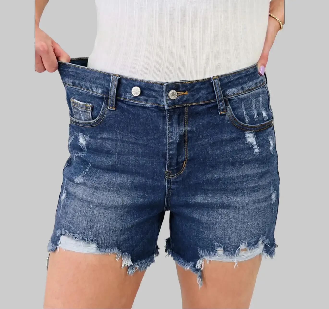Women's Jean Shorts, High-Waist Stretchy Cotton with a Plus-Size Friendly Fit, Light Wash and Distressed Frayed Hem