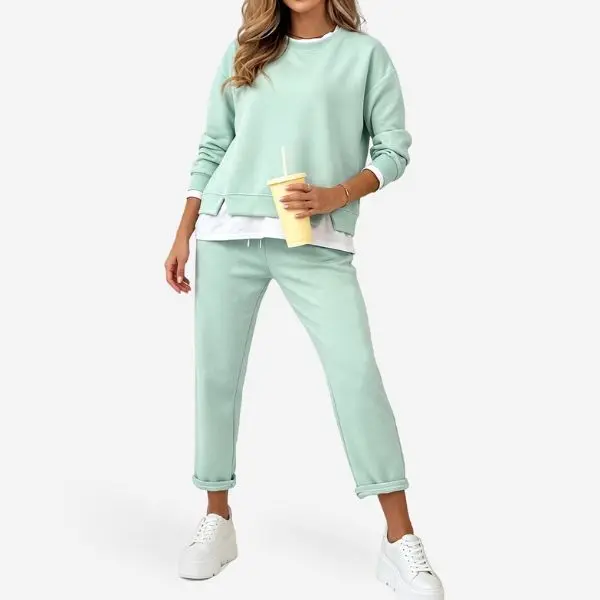 Fisoew Women 2 Piece Outfits Fake Layer Crewneck Sweatshirt and Drawstring Cropped Jogger Pants Casual Loungewear Tracksuit Set Fleece Long Sleeve