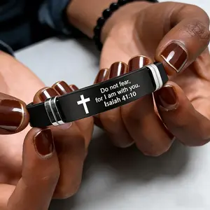 Inspirational Quote Bible Verse Cross Bracelets Faith Christian Silicone ID Wristband Religious Gifts for Men Women Stainless Steel Rubber Adjustable Bracelet - Perfect Gift for Friends, Boyfriend, Father, and Couples family accessory
