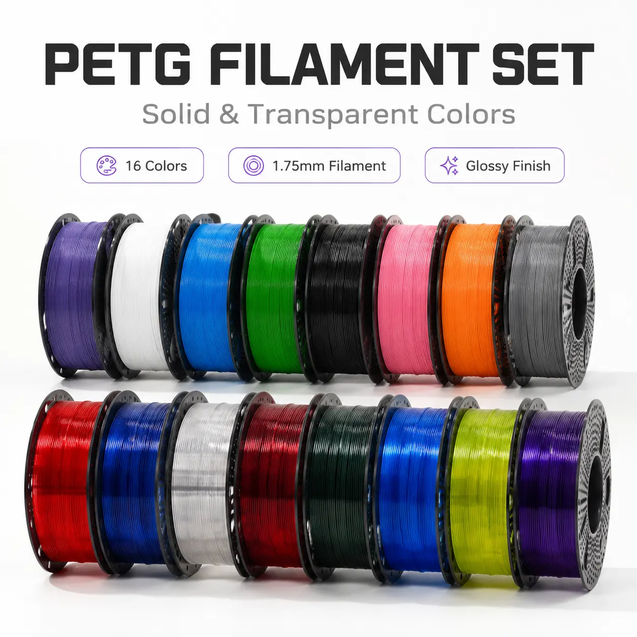 PETG Filament 1.75mm 16-Pack Comprehensive Bundle for 3D Print Users, 1kg Spools, Solid/Transparent Colors, Glossy Finish, High Precision, Low Shrinkage 3D Printing Consumables