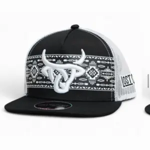 Lost Hat Gorra - Black and White Design with Bull Horns and Aztec Pattern