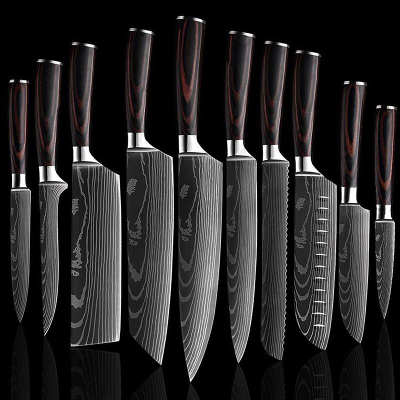 10 Piece Premium Japanese Knife Set with Laser Damascus Patterns, Imperial Collection, Ultra Sharp Cutting Edge