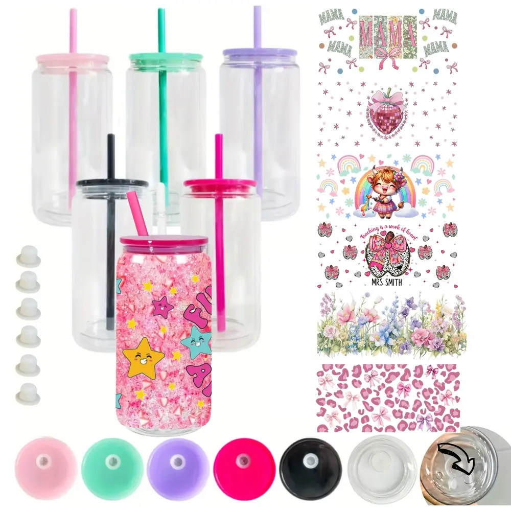 14pcs 16oz Leak-Proof Double-Wall Acrylic Snow Globe Tumbler Cups Set- with 6 Pack Cups 8pcs Mix Stickers - DIY Glitter-Filled Plastic Jars, Pre-Drilled for UV DTF Wraps, Glitter Filled Party Cups for Travel, Holiday Gifts Smoothie Insulated Straw Cup Bot
