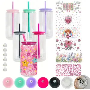 14pcs 16oz Leak-Proof Double-Wall Acrylic Snow Globe Tumbler Cups Set- with 6 Pack Cups 8pcs Mix Stickers - DIY Glitter-Filled Plastic Jars, Pre-Drilled for UV DTF Wraps, Glitter Filled Party Cups for Travel, Holiday Gifts Smoothie