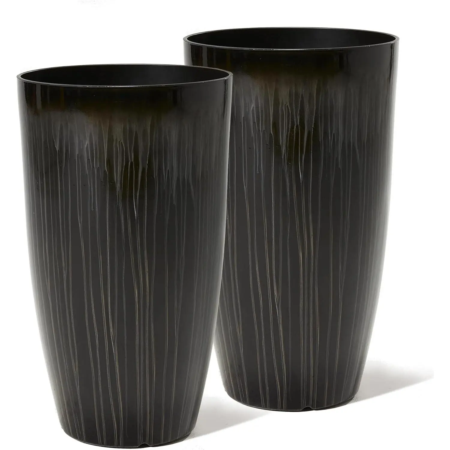 2-Pack Modern Cylindrical Synthetic Garden Planters - 23.5in Tall, 14in Diameter, Gradient Black Glossy Smooth Finish - Lightweight Yet Sturdy, Weatherproof Patio Pots with Manufacturer Warranty for Indoor/Outdoor Use