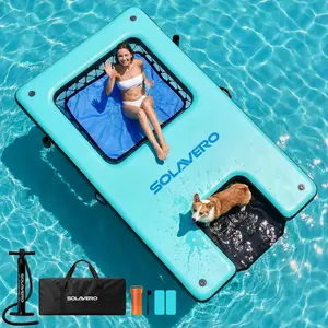 10x6ft Inflatable Floating Dock with Water Ramp, Heavy Duty Floating Platform for Adults & Dogs, Non-Slip Lake Float with Mesh Hammock, Cup Holders for Pool, Lake, Boat, Party