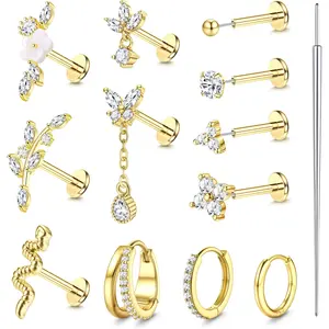 MILACOLATO 20G 18G Threadless Flat Back Earrings Hypoallergenic Push in Stud Earrings 14K Plated Gold 316L Surgical Steel Stud Hoop Earring Sets Cartilage Helix Conch Tragus Nose Piercing Jewelry 12pcs