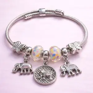 Stainless Steel Elephant Charm Bracelet with Colorful Beads and Intricate Design for Women