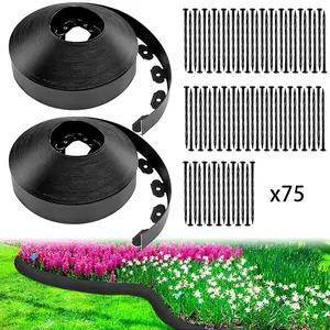 1 Rolls Black Plastic Landscape Edging Border with 75 Stakes, Flexible No-Dig Garden Lawn Edging Kit, Outdoor Decorative Border for Flower Beds, Walkways, Yards and Landscaping Projects