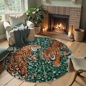 Round Retro Tiger Print Carpet, Elegant Non-Slip Washable Plush Rug for Living Room Bedroom, Home Decor Floor Mat
