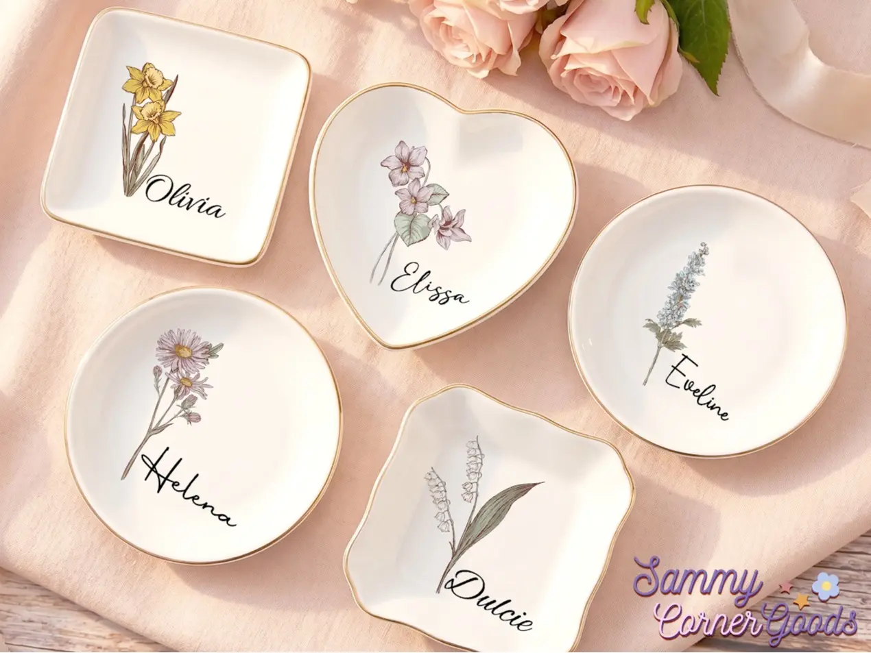 Personalised Birth Flower Trinket Dish, Custom Watercolor Flower Ring Dish, Wedding Bridesmaid Gift, Birthday Jewelry Dish