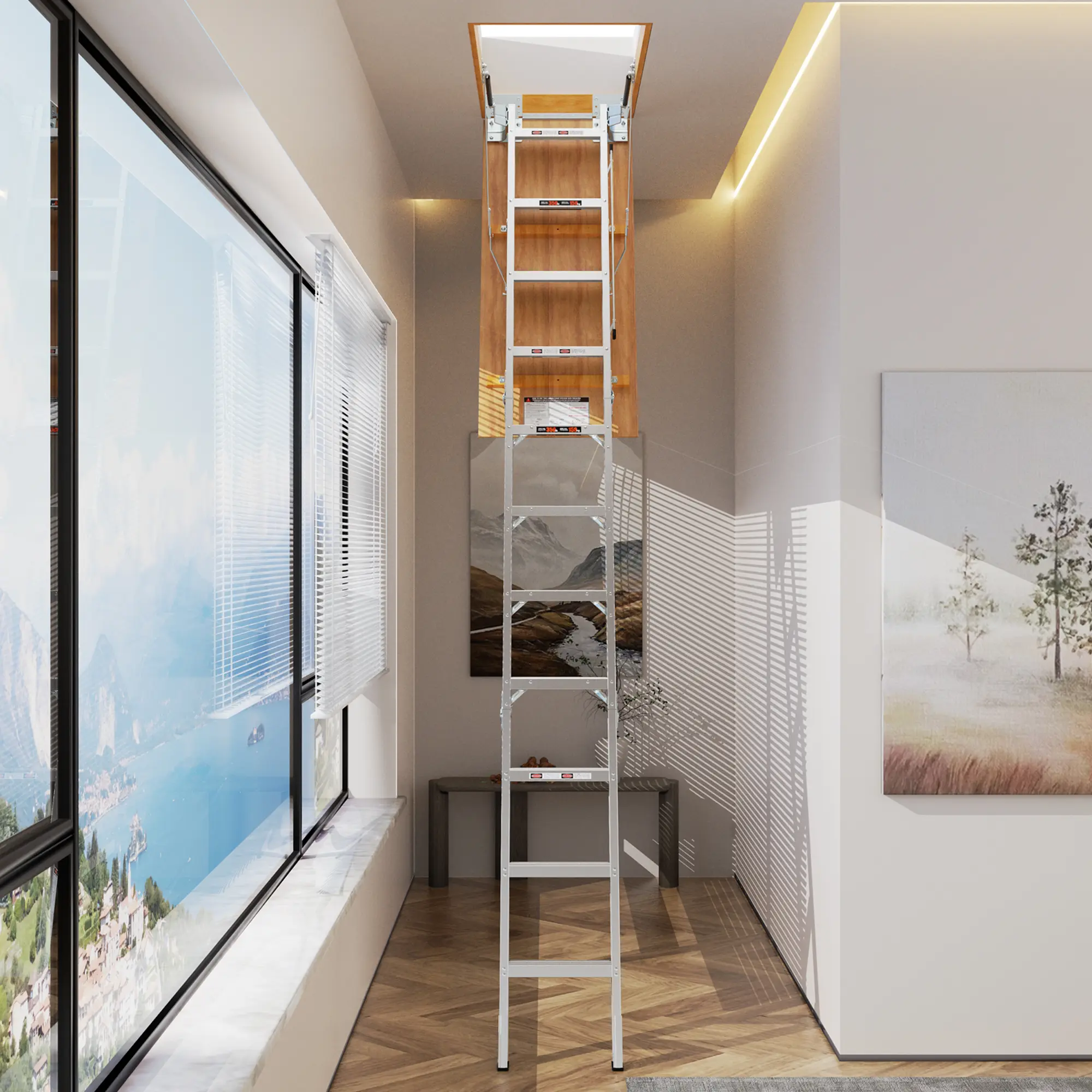 Aluminum Attic Ladder for Attic Use - Lightweight Foldable Portable Collapsible Ladder, 350-lb Capacity, 22.5"x54" Opening, 7-10ft Ceiling Fit, ANSI 14.9 Certified, Smooth Quiet Operation, Sturdy for Home Improvement Ceiling Access