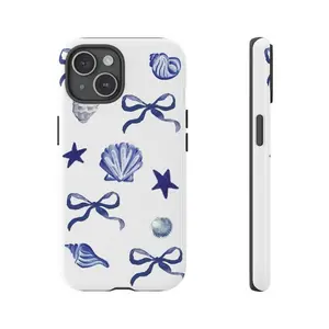 Cute Blue Seashell Case, Coquette Bow Aesthetic, For iPhone 17 16 15 14 13 12 11
