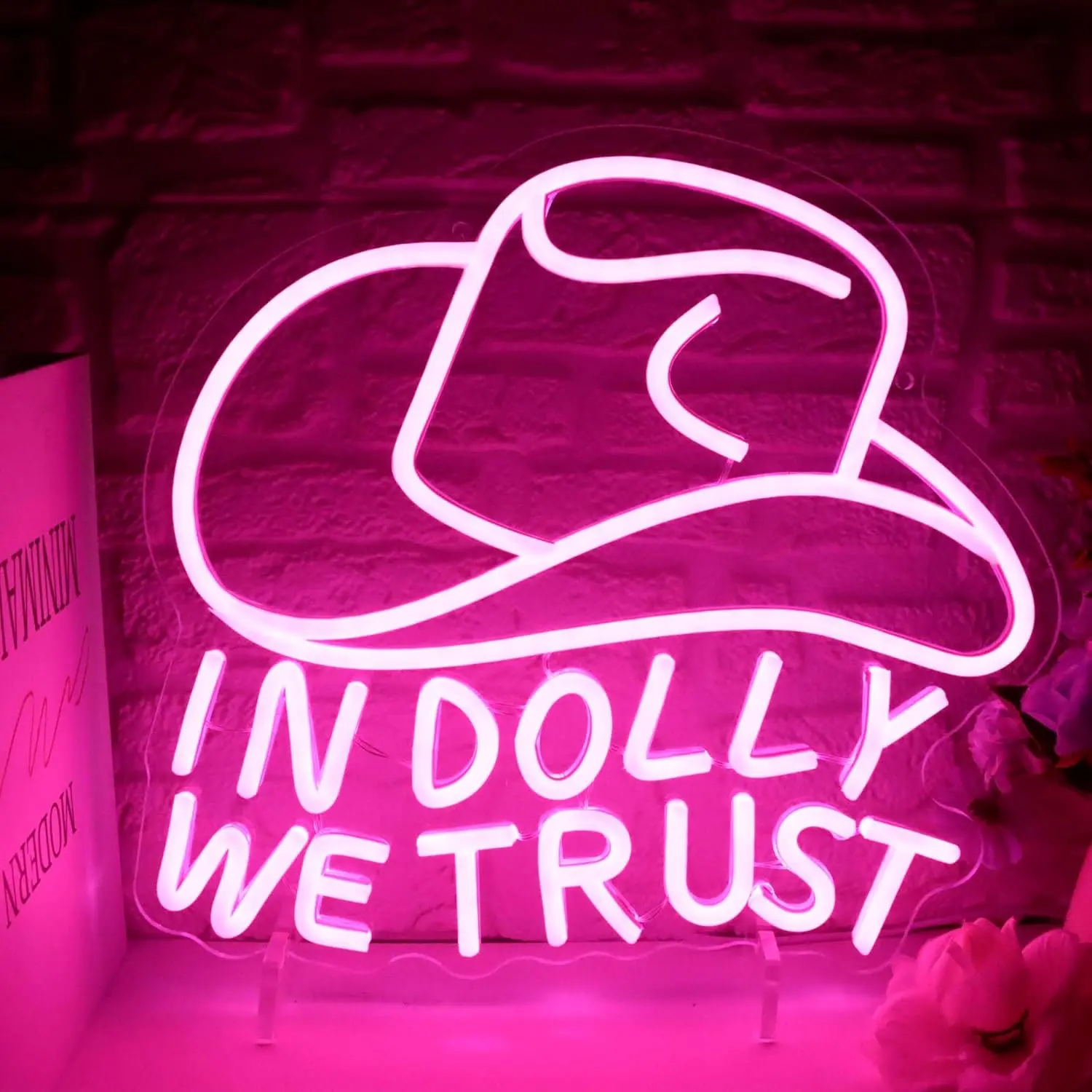 ROSNEK Pink Cowboy Theme Acrylic+LED Neon Sign "In Dolly We Trust" with Cowboy Hat, USB-Powered Cool-to-Touch Wall Mount Light, Pre-Holed Frame (33×34 cm) for Bedroom, Bar, Friends, Birthdays, Party Surprises (Home Decoration Lighting Accessory)