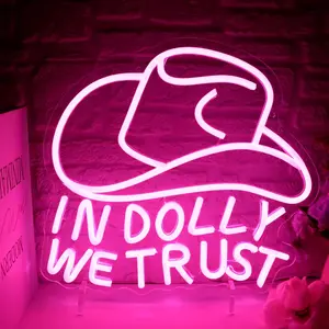 Pink Neon Sign "In Dolly We Trust" with Cowboy Hat Design LED Wall Light for Bedroom Bar Halloween Party and Holiday Decor 33x34 cm USB Powered Acrylic Backboard