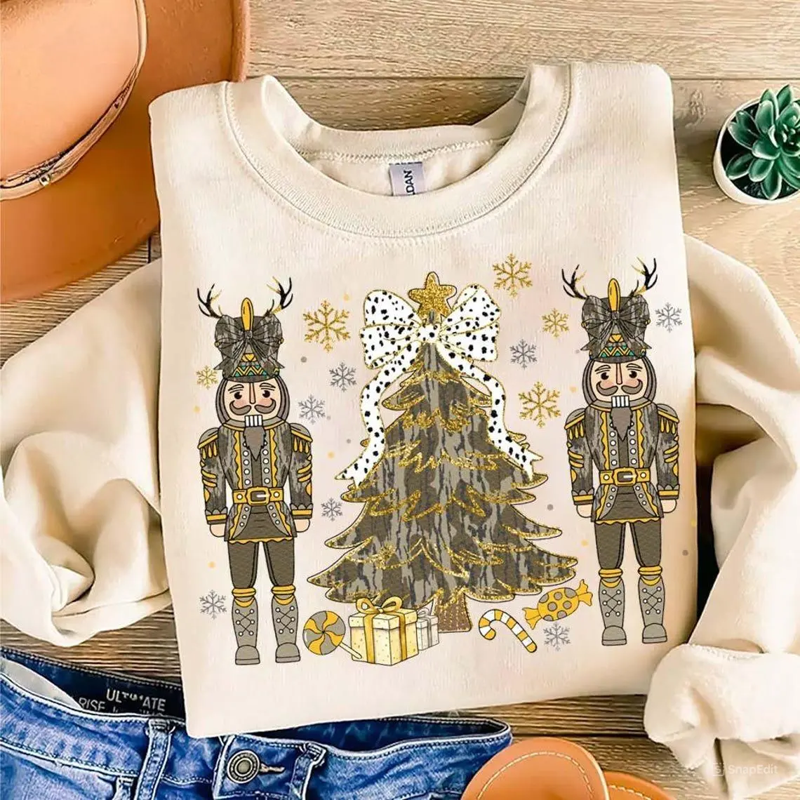Women's Classic Fitted Printed Camo Nutcracker Christmas Tree Hoodie - Cotton Spandex Fabric, Casual Longsleeves Sweatshirt, Digital Print Dalmatian Dots Brushstroke Hunting Deer Design