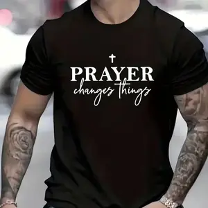 Round Neck Short Sleeve T-Shirt, with "PRAYER Changes Things" Text And Cross Pattern Print. The Text And Religious Elements Convey a Sense of Faith And Positivity