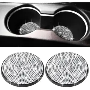 2PCS Bling Car Cup Holder Coasters – Sparkly Non-Slip Silicone Inserts, Universal 2.75" Diamond Decor Accessories for Women
