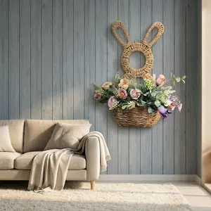 Bohemian/rustic Style Woven Rabbit Ear Wall Flower Basket, Artificial Flowers Wall Decor, Home Art Decoration for Bedroom, Entryway, Dining Room, Balcony, Spring Easter Decor
