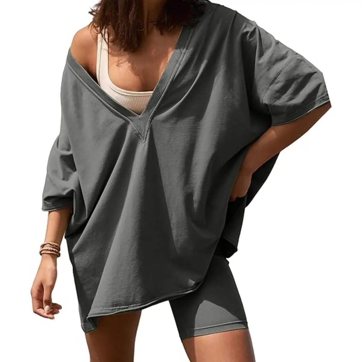 SCUSTY Women's Two Piece set Oversized V Neck T Shirt Biker Short Summer Outfits Hot Shot Reversible Sets