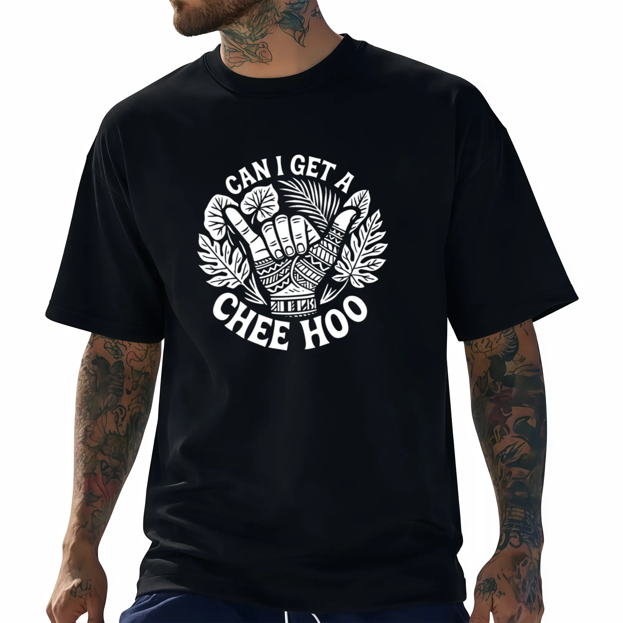 Men'S Unisex Pacific Islander Chee Hoo Graphic T-Shirt, Heavyweight Pure Retro Polynesian Design with Hawaiian Tribal Print Maori Tattoo Art, Can I Get a Chee Hoo Slogan, Unisex Casual Retro Crew Neck Printed T-Shirt