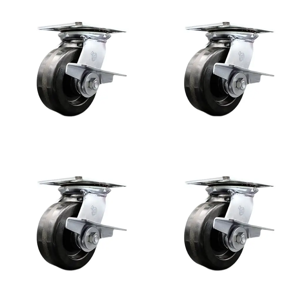 Service Caster SCC-35S520-PHB-SLB-4 Heavy Duty Round Disc Phenolic Swivel Caster, Large Top Plate, Maintenance-Free Bearings, 5x2 in. Black Wheels - 4000 lbs Total Capacity, Set of 4, Round Disc Castors