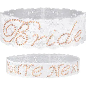 2 Pcs Wedding Lace Garter for Bride Rhinestone Bridal Garter Belt for Leg Dress Robe, Champagne, Available in 13.4 Inch and 15.8 Inch