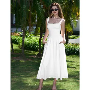 Women's Casual Sleeveless Square Neck A-Line Solid Slim Flowy Long Dress with Pockets & Back Tie Detail Design