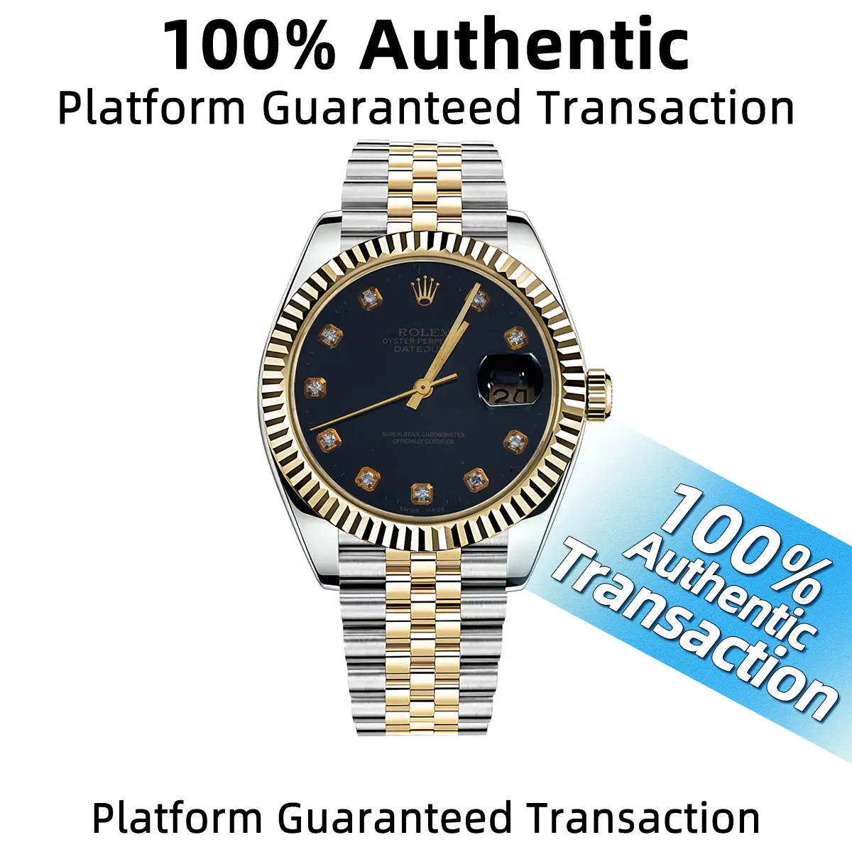 Rolex Lady-Datejust 16233 with fluted bezel  Black dial  36mm  Two-tone (steel and yellow gold)  Automatic movement WHP041482
