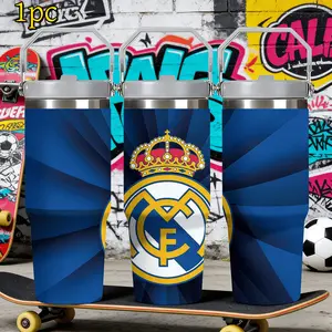 1pc 24/30oz Stainless Steel Vacuum Insulated Tumbler with Handle, Real Madrid Crest Blue Gradient Themed Portable Water Bottle, Leakproof for Camping & Sports,The ideal gift for those preparing to participate in the World Cup