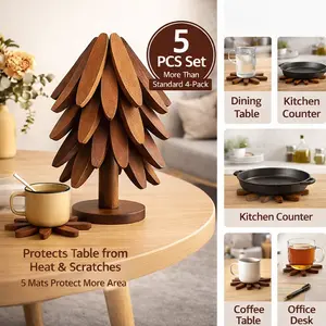 Natural Tree Trivet Set - 5 Wooden Trivets & 1 Stand, heat-resistant foldable solid wood trivets for hot dishes, pots and pans, farmhouse kitchen décor table protectors and coasters for dining table