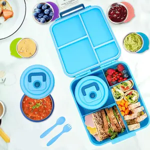 Bento Lunch Box for Kids with 8.5oz Soup Thermo, Kids Leakproof Lunch Food Containers with 4 Compartment, Blue Nylon Insulated Lunch Bag Adjustable Strap for Teens School Travel Picnic Portable Stainless Steel Electric Lunch Box