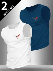 Summer Men's Casual Sleeveless Vest, Bull Head Print, Outdoor Sports Wear, Daily Versatile, 2 Pack, Fitted Style, No Zipper, Tight Sports Vest