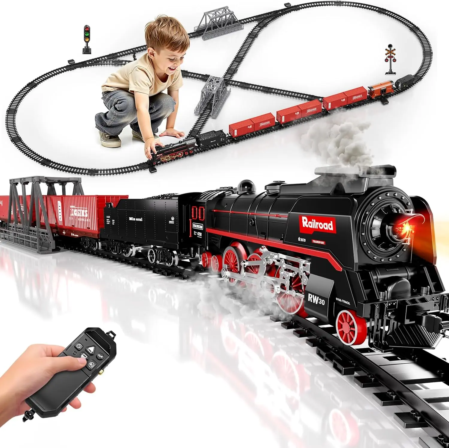 RC Steam Train Set with Bridge Track, Remote Control Electric Railway Toy with Mist, Lights & Sound for Kids Gift