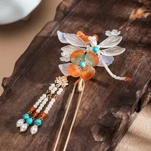 Morning Glory Dragonfly  Tassels Chinese Hanfu and Style Hair Clip Hair Accessories for Women Girls Long Hair (Glass Dragonfly)