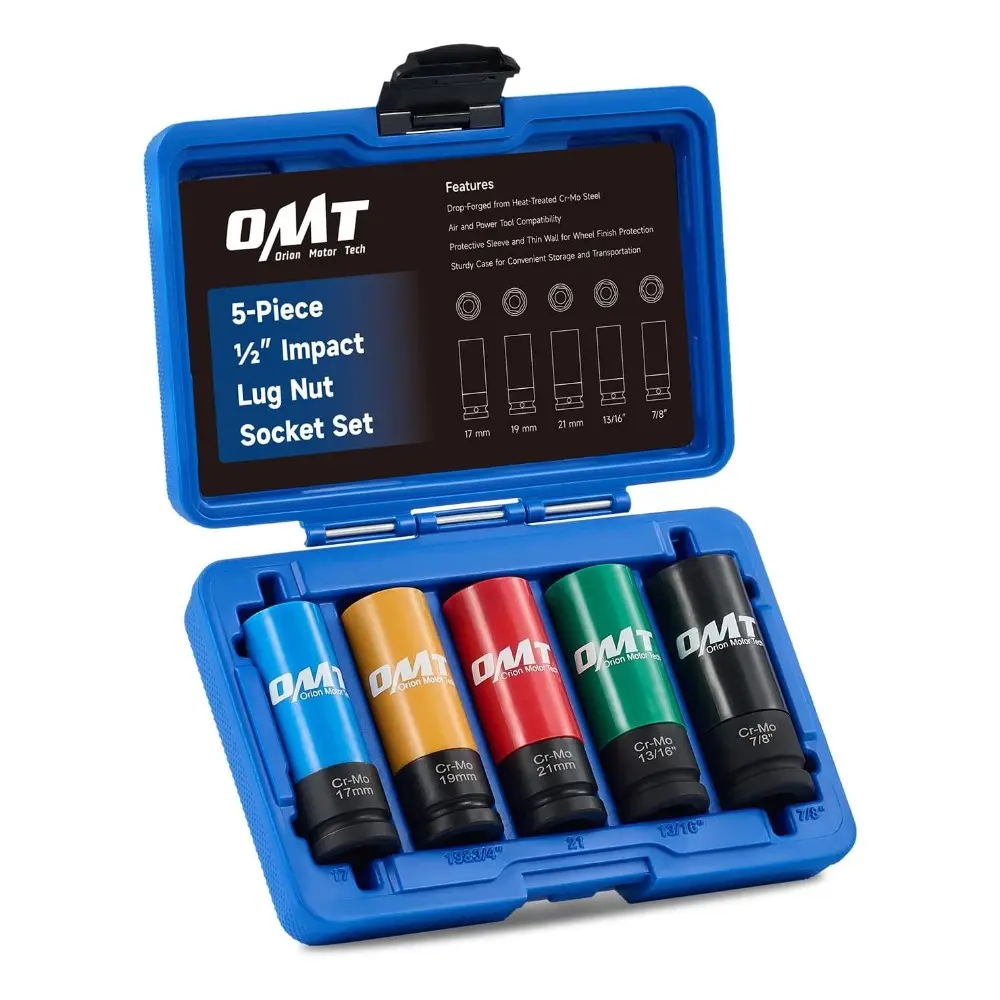 Orion Motor Tech 1/2" Drive Lug Nut Socket Set, Metric 17 19 21 mm/ SAE 3/4 13/16 7/8 15/16 in. Wheel Socket Set, 3/5/8pc Impact Lug Nut Socket Set, Thin Wall Lug Nut Socket Set with Colored Protective Covers, Limited Time Deal