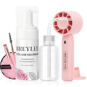 BREYLEE 100 ml Lash Shampoo for Lash Extensions, Lash Fan Dryer+Rinse Bottle+Brushes+Cotton Puff, Eyelash Extension Cleanser, Lash Bath Wash Soap Foam Cleaner for Salon and Home Use