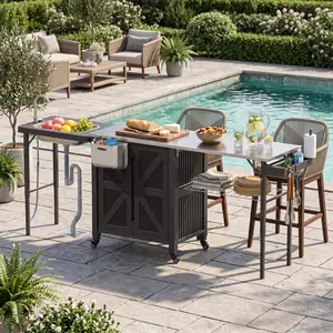 Polar Aurora 3-in-1 Outdoor Grill Cart with Sink & Faucet, Stainless Steel Top Outdoor Kitchen Island, Prep Table with Foldable Side Table, Storage Cabinet, Rolling Grill Station with Wheels for Patio, Backyard