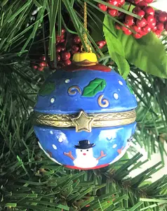 Snowman Blue Ball Porcelain Hinged Trinket Box Christmas Ornament