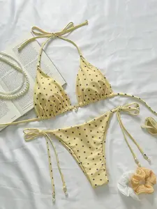 Swim Mod Springbreak Women's Polka Dot Print Halter Tie Front Bikini Set Set, Random Print For Summer Beach Vacation