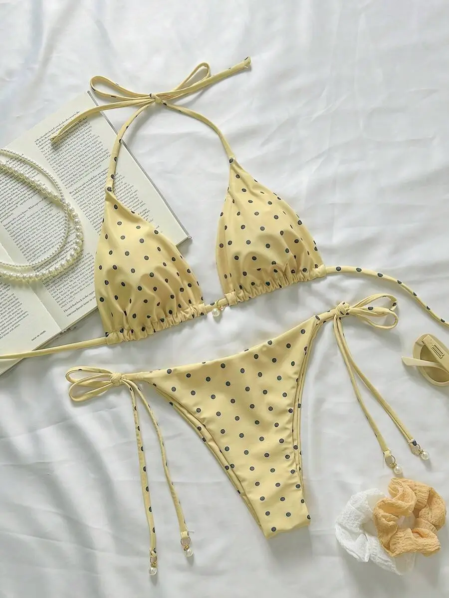 Swim Mod Springbreak Women's Polka Dot Print Halter Tie Front Bikini Set Set, Random Print For Summer Beach Vacation