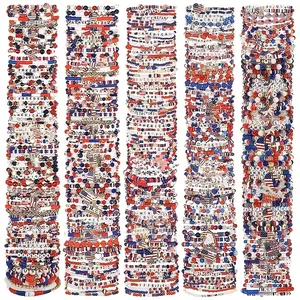 35/44/55/66pcs Fashion Red Blue White Independence Day Polymer Clay Elastic Bracelet Set | With Flag Star Love Pendant, Perfect For Women Men Daily Wear, Holiday Parties Gift-Giving