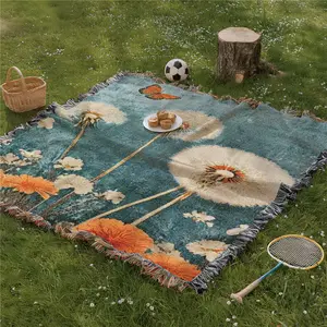 Multi Purpose Picnic Mat Yarn Woven with Tassel: Dandelion Pattern, Soft and Breathable, Suitable for Travel Camping Lawns Weddings Concerts. Indoor Bohemian Decoration Machine Washed and Used As Bed Blanket Sofa Towel Tablecloth Tapestry