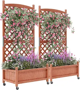 2-Pack Tall Wood Planter Box with Trellis, 61.5" H Raised Garden Bed on Wheels, Vertical Stand Planter with Drainage Holes for Patio, Balcony & Outdoor Garden